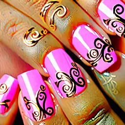 Baby pink shimmer nails with gentle gold swirly vines