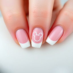 Nail design inspo to show the nail tec. Classic white and pink short almond/oval shaped French tip nails that has a 4 point star and a hidden Mickey outline in white located on the ring finger