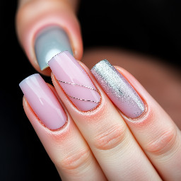 pastel pink base, thin silver lines, and a chrome glaze glossy finish