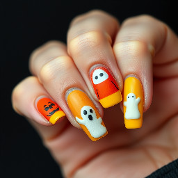 Halloween nails, pumpkin, candy corn, ghosts, patches