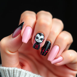 I'm designing my Halloween nails. I want a pinky-neutral base, almost a jelly nail look, extremely short nail, and a very small, easy to do Dracula cartoon face on my ring finger. Can you show me what that may look like?