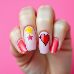 Baby pink background yellow star top and bottom and red heart left and right