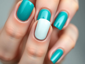 teal nails with a white 1 on the ring finger nail