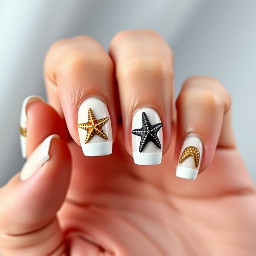 White French tips with starfish on the ring and pointer finger