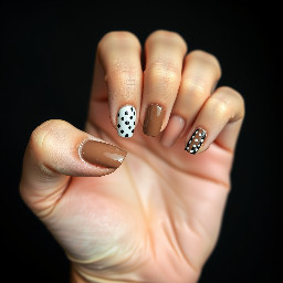 Mushroom colour with one nail with a lighter and darker polka dot