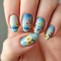 outer banks north carolina vibes, summery, round/almost short, only normal gel and blooming gel