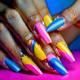 Nail design with pink blue and yellow colors curved tip not that long