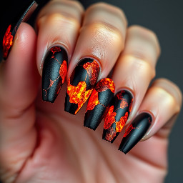 molten-lava-themed manicure. Picture glossy stiletto nails with a charred matte black base that "cracks" open to reveal a glowing, neon orange and fiery red shimmer underneath, finished with a thick 3D clear gel to mimic bubbling volcanic glass.
