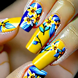 yellow nails with blue flowers on short nails. no french tip or nude base coat. easy flowers