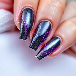Chunky square nails,liquid chrome silver finish,holographic deep purple accents, glowing LED cyber line details, futuristic style.