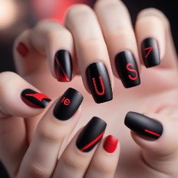 Black nail with a red letter 9 on it