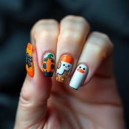 Halloween nails, pumpkin, candy corn, ghosts, patches