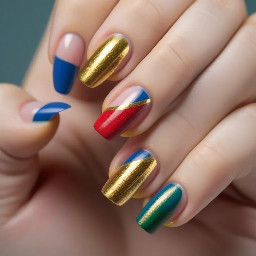 Make one a blue French tip one a yellow French tip one a red French tip and one a green French tip and a gold pinkie
