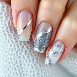 Hi! I want a customized, high-end "cool-toned gray and metallic silver" nail art set with a mix-and-match layout. Please follow these specific instructions:  1. Base Color & Texture:  Please use a sheer, translucent taupe gray / jelly gray for the base. I want it to be see-through and airy (please mix it with clear gel base if needed). No solid, opaque grays.  2. Cat-Eye Technique (Thumbs & Middle Fingers):  Apply a bright silver crystal/velvet cat-eye gel over the sheer gray base.  Use the magnet to pull the shimmer into a sharp, clean diagonal velvet line across the nail. I want it to look like a crisp beam of light.  3. Liquid Metal & Hidden Logo (Index Fingers):  Keep the base clear or very sheer. Use a 3D building gel to draw raised, organic, melting liquid-metal lines, then rub silver chrome powder over them so they look like melted mercury.  Crucial Detail: Please make the metal lines on one finger subtly form a very abstract, deconstructed BTS door logo (two parallel geometric lines). It should look like random modern art, not an obvious logo.  4. Silk Marble & Hidden Code (Ring Fingers):  Do a very soft, blurry smudge/smoky marble effect blending milky white and sheer gray to look like floating silk or mist.  Crucial Detail: Inside the marble veins, use a micro-detail liner brush with metallic silver paint to hide a tiny, abstract number "7". Make it look like part of the marble pattern so it is hidden.  5. Finish (Pinkies & Top Coat):  On the pinkies, just do the sheer gray base with a super thin, micro-French tip using silver chrome.  Please finish all nails with a high-gloss, ultra-shiny top coat to make the silver elements and cat-eye pop.