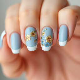 baby blue with gold and blue flowers with a French tip