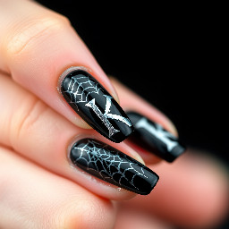 witchy nails, black base, silver designs, spider webs, letter k on one finger