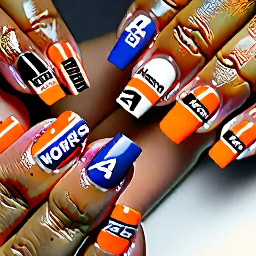 f1 theme nails with hints towards lando norris and mclaren team. include drawings of f1 car, norris's helmet, mclaren logo and lando norris logo.