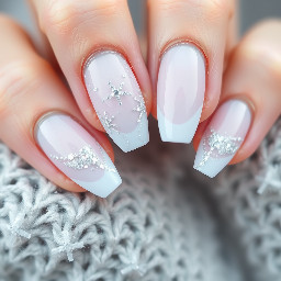 almond nails with a frosty winter and/or ice theme with the colours white and light misty blue. Can use glitter, French tips, ombre, shapes