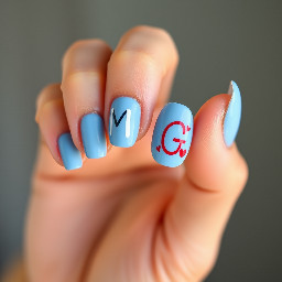 baby blue french tips nails with white M on one ring finger and G on the other with red kisses around the initials