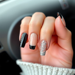 Elegant nude and mainly black also solver nails, diamonds, ailver glitter, black french tips, creativity.