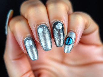 light silver cat eye base, with stars and moon and constellations as design inspo. short round nails. not too cluttered.