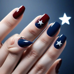 Navy blue nails with ring finger nail dark red with a white star