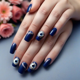 I want navy blue color french tip on all . Evil eye on ring finger.Add flowers of gel. Add details with silver lines or dots