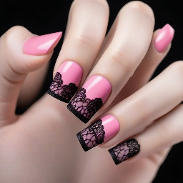 create square shaped medium lenght nails with a pink base colour and black lace in top