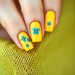 yellow nails with blue flowers on short nails. no french tip or nude base coat. easy flowers like dots