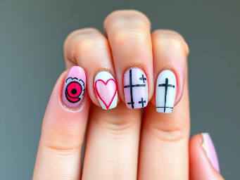 Almond shape, thumb- pink cat eye gel, pointer finger I heart Jesus middle finger cross next finger French tip with moomoo design pinky finger normal French tip