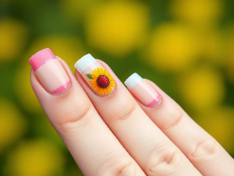 small raspberry on the middle finger, sunflower on the ring finger. light and breezy colours as the base and a couple french tips