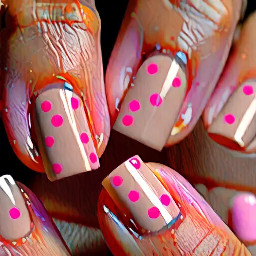 Generate a square French tip with a warm brunette Brown with baby pink polka dots.