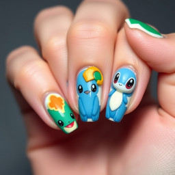 Simple Pokemon nails featuring Shinx, Mudkip and Poliwhirl