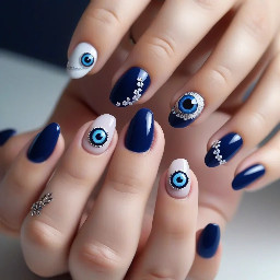 I want navy blue color french tip on all . Evil eye theme at least one of them has it. Add flowers of gel. Add details with silver lines or dots