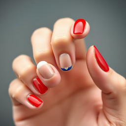 medium almond nails - one hand’s a royal blue and the other’s bright red - one color nails for the thumb, middle and ring finger and then for the index I wanted a french tip eith the other hand’s nail so if it’s the blue hand I wanted a red french tip and for the pinkie I wanted a nude base with a little heart the color of the other hand’s too