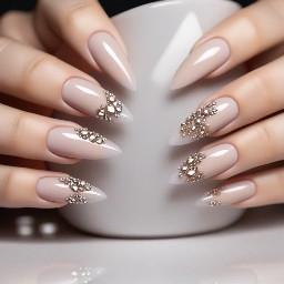 sharp almond medium length simple fall nails with french tip and clear rhinestones