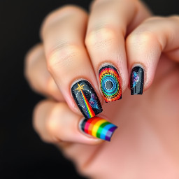 make a simpler design galaxy laser rainbow taco short medium square different design on every nail