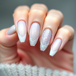 stiletto almond nails with a frosty winter and/or ice theme with the colours white and light misty blue. Can use glitter, French tips, ombre, shapes
