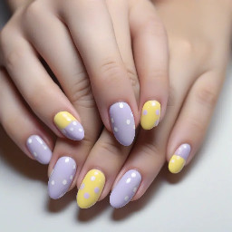 Almond shaped nails all with French tips and polka dots. All of the bases of the nail will be a light skin tone. The index finger has light pink polka dots and a pastel yellow French tip. The middle finger has a light blue French tip and pastel yellow polka dots. The ring finger has a light lavender purple polka dot on a light yellow French tip. The pinky finger is lavender purple French tip and light pink polka dots. No thumb color just natural
