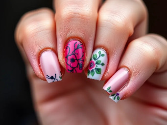 In style of macro photo, single hand, create nail art on fingernails based on: nails centered full view, sharp focus, true color, photoreal, 4k