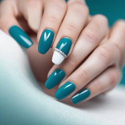 teal nails with a white 1 on the ring finger nail