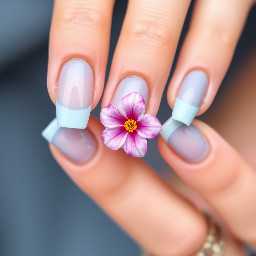 Light blue French tips like the sea with a gold lone before the French tips and a summer flower on the ring finger nail