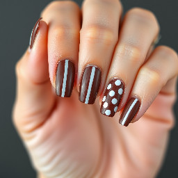 dark brown base with white vertical stripes or every other nail, and white polka dots on the others
