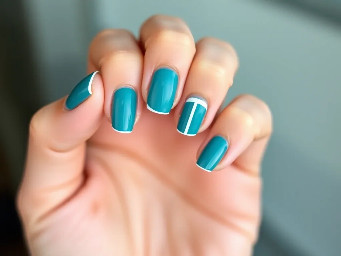 Thumb:      [ Teal ]   Index:      [ Teal with optional thin white tip stripe ]   Middle:     [ Teal ]   Ring:       [ Teal with White '1' long-ways ]  <-- main accent   Pinky:      [ Teal ]