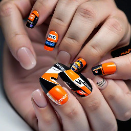 f1 theme nails with hints towards lando norris and mclaren team. include drawings of f1 car, norris's helmet, mclaren logo and lando norris logo.