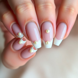 Elegant French tips with small pearl designs sharp nails