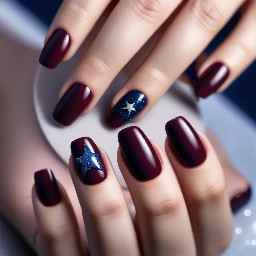 Deep maroon nails with ring finger nail navy blue with a sparkly star