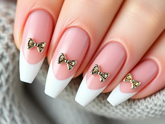 Coquette ballerina/coffin shaped nails with french tips and bow charms