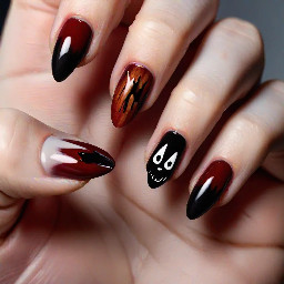 almond nails with the thumb as deep red almost brown with cat's eye, the pointer finger having a black base and the other half has blood dripping, the middle finger has a red base and a ghost, the index finger has a black base with cat's eye and the pinky has the same style as the thumb