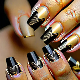 Visuals of toenails that match a nail set that is a nude base, matte black tips on 2 nails, other nails have small thin gold metallic lines with 2 tiny black hearts